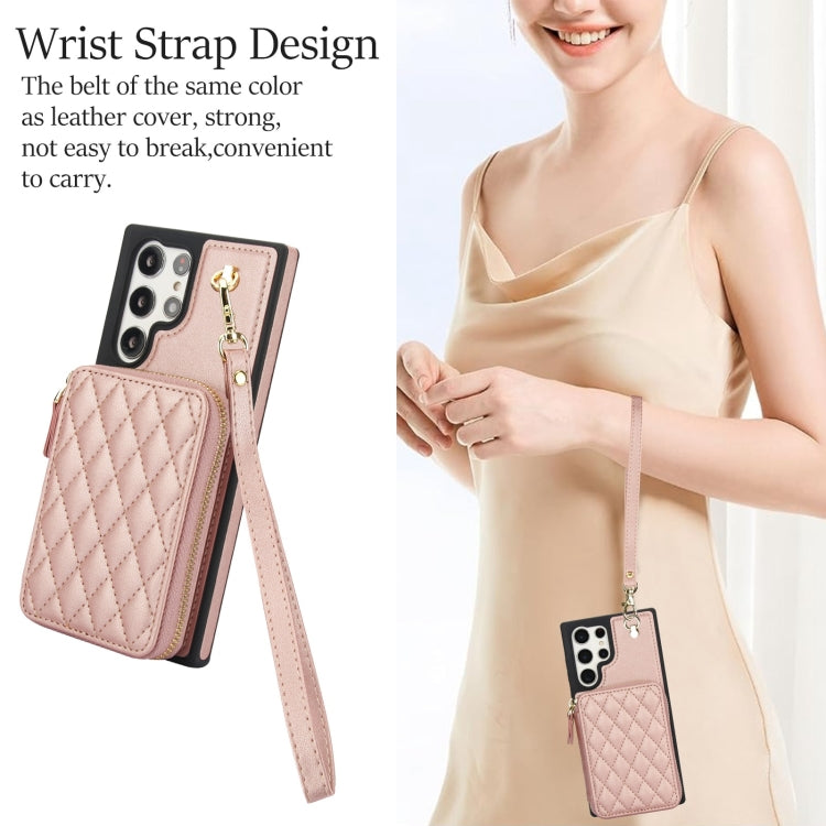 For Samsung Galaxy S22 Ultra 5G AwQuer Crossbody Zipper Wallet Rhombic Leather Back Phone Case