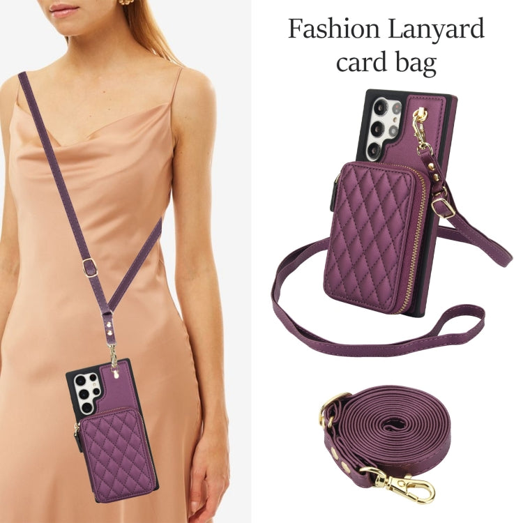 For Samsung Galaxy S22 Ultra 5G AwQuer Crossbody Zipper Wallet Rhombic Leather Back Phone Case