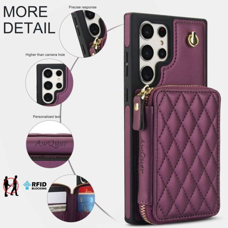 For Samsung Galaxy S22 Ultra 5G AwQuer Crossbody Zipper Wallet Rhombic Leather Back Phone Case