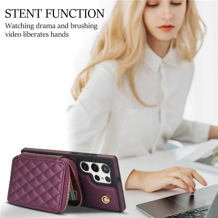 For Samsung Galaxy S22 Ultra 5G AwQuer Crossbody Zipper Wallet Rhombic Leather Back Phone Case