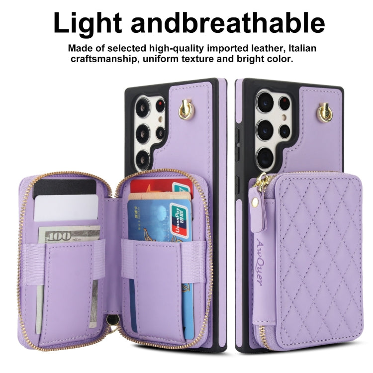 For Samsung Galaxy S22 Ultra 5G AwQuer Crossbody Zipper Wallet Rhombic Leather Back Phone Case
