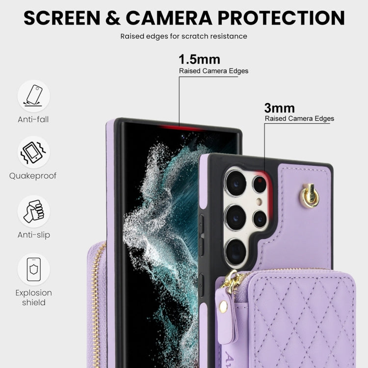 For Samsung Galaxy S22 Ultra 5G AwQuer Crossbody Zipper Wallet Rhombic Leather Back Phone Case