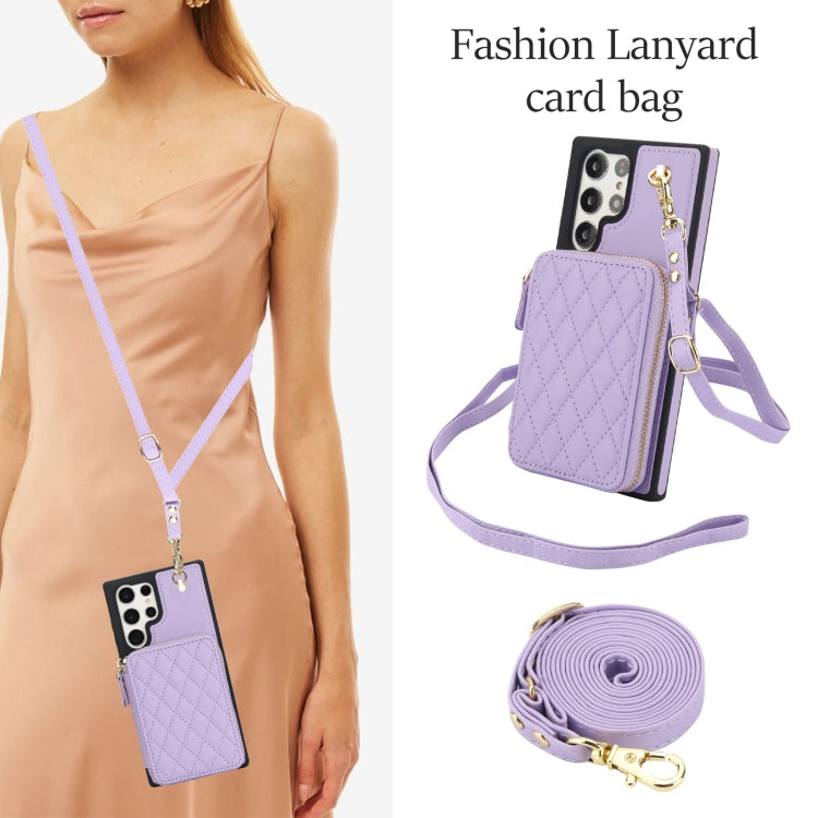 For Samsung Galaxy S22 Ultra 5G AwQuer Crossbody Zipper Wallet Rhombic Leather Back Phone Case