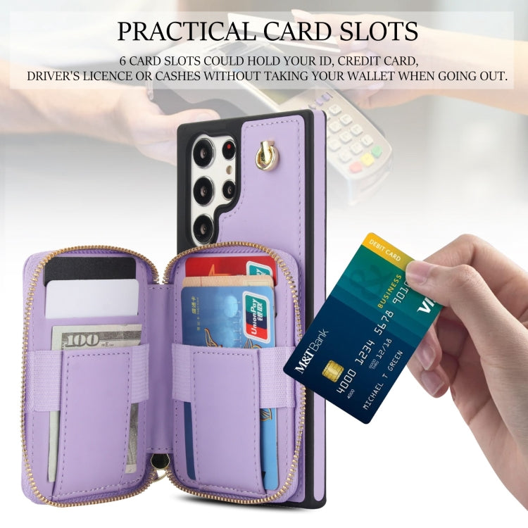 For Samsung Galaxy S22 Ultra 5G AwQuer Crossbody Zipper Wallet Rhombic Leather Back Phone Case