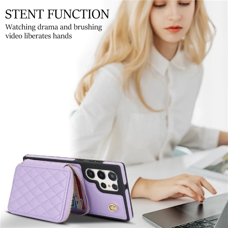 For Samsung Galaxy S22 Ultra 5G AwQuer Crossbody Zipper Wallet Rhombic Leather Back Phone Case