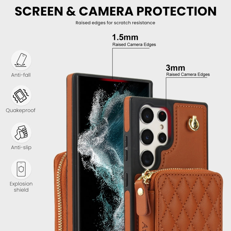 For Samsung Galaxy S22 Ultra 5G AwQuer Crossbody Zipper Wallet Rhombic Leather Back Phone Case