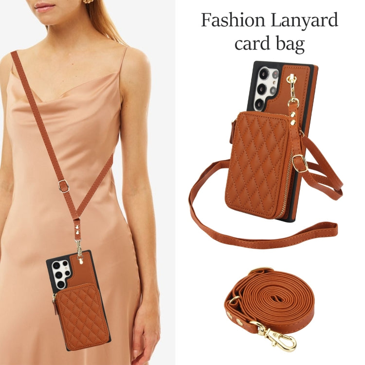 For Samsung Galaxy S22 Ultra 5G AwQuer Crossbody Zipper Wallet Rhombic Leather Back Phone Case