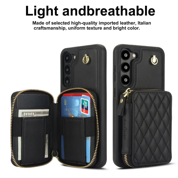 For Samsung Galaxy S23 5G AwQuer Crossbody Zipper Wallet Rhombic Leather Back Phone Case
