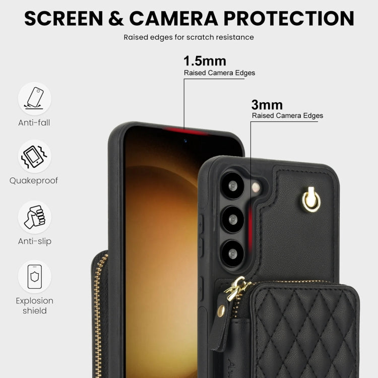 For Samsung Galaxy S23 5G AwQuer Crossbody Zipper Wallet Rhombic Leather Back Phone Case