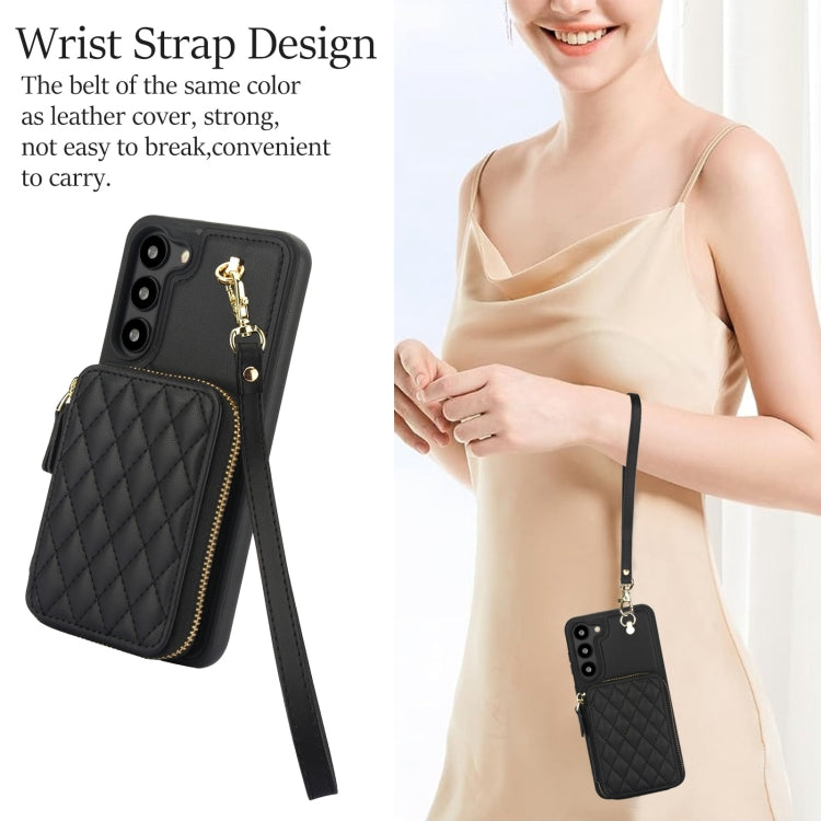 For Samsung Galaxy S23 5G AwQuer Crossbody Zipper Wallet Rhombic Leather Back Phone Case
