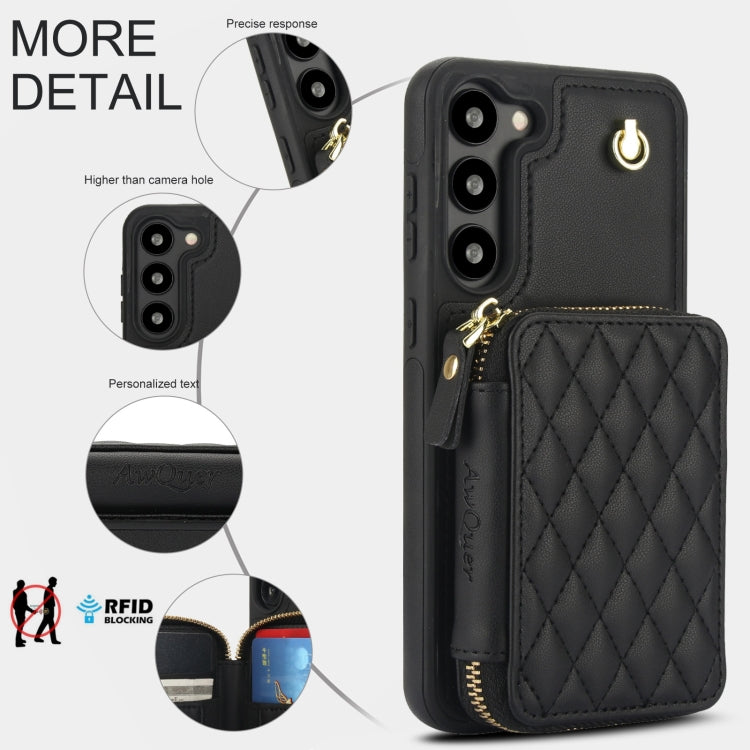 For Samsung Galaxy S23 5G AwQuer Crossbody Zipper Wallet Rhombic Leather Back Phone Case