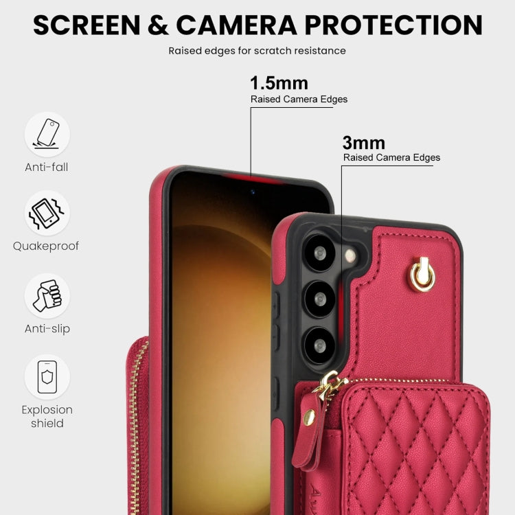 For Samsung Galaxy S23 5G AwQuer Crossbody Zipper Wallet Rhombic Leather Back Phone Case