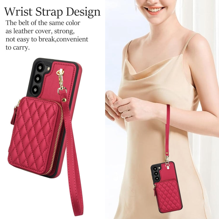 For Samsung Galaxy S23 5G AwQuer Crossbody Zipper Wallet Rhombic Leather Back Phone Case