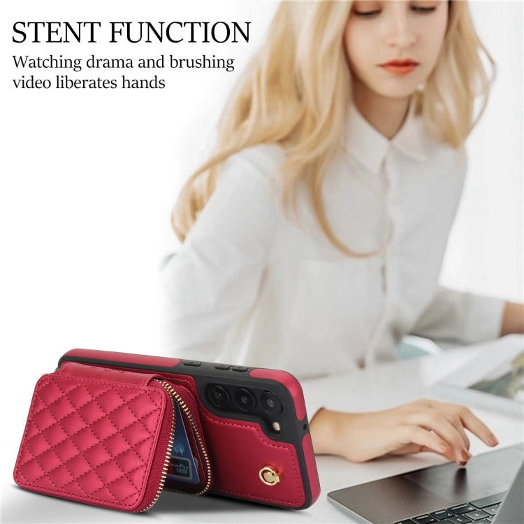 For Samsung Galaxy S23 5G AwQuer Crossbody Zipper Wallet Rhombic Leather Back Phone Case