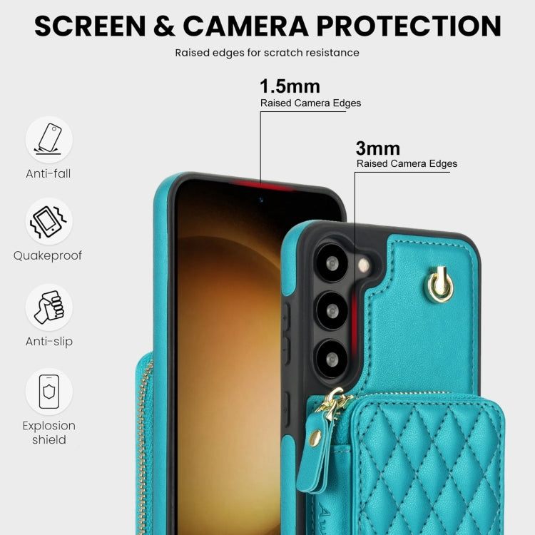 For Samsung Galaxy S23 5G AwQuer Crossbody Zipper Wallet Rhombic Leather Back Phone Case