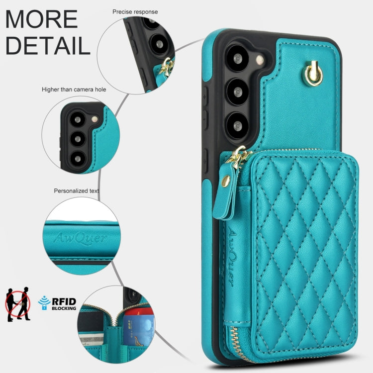 For Samsung Galaxy S23 5G AwQuer Crossbody Zipper Wallet Rhombic Leather Back Phone Case
