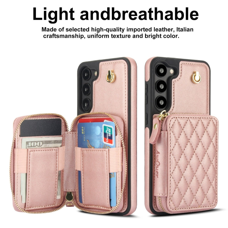 For Samsung Galaxy S23 5G AwQuer Crossbody Zipper Wallet Rhombic Leather Back Phone Case