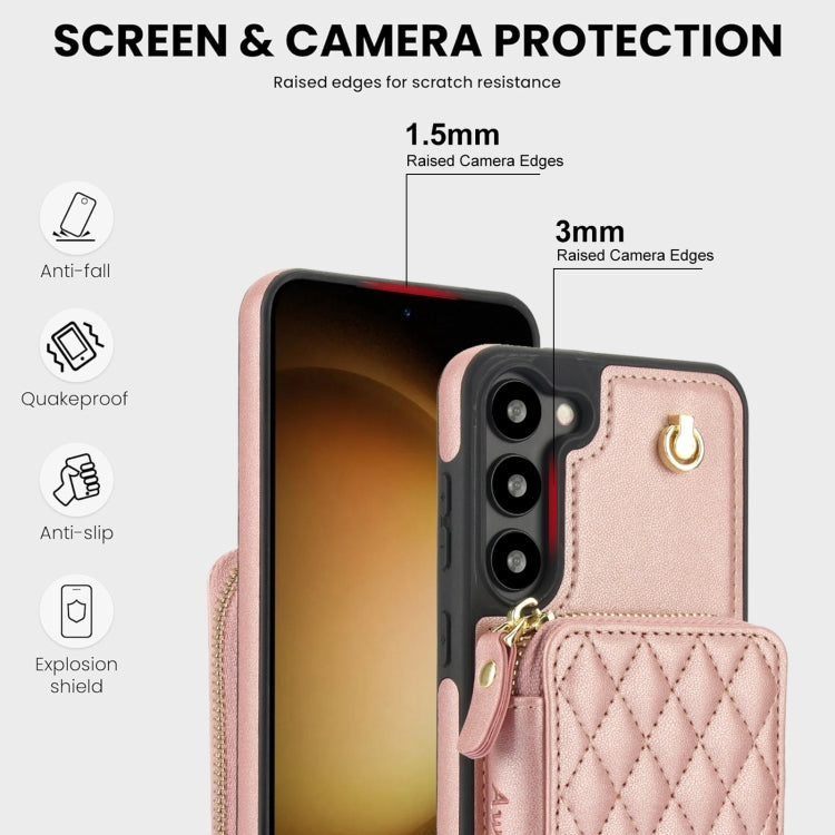 For Samsung Galaxy S23 5G AwQuer Crossbody Zipper Wallet Rhombic Leather Back Phone Case
