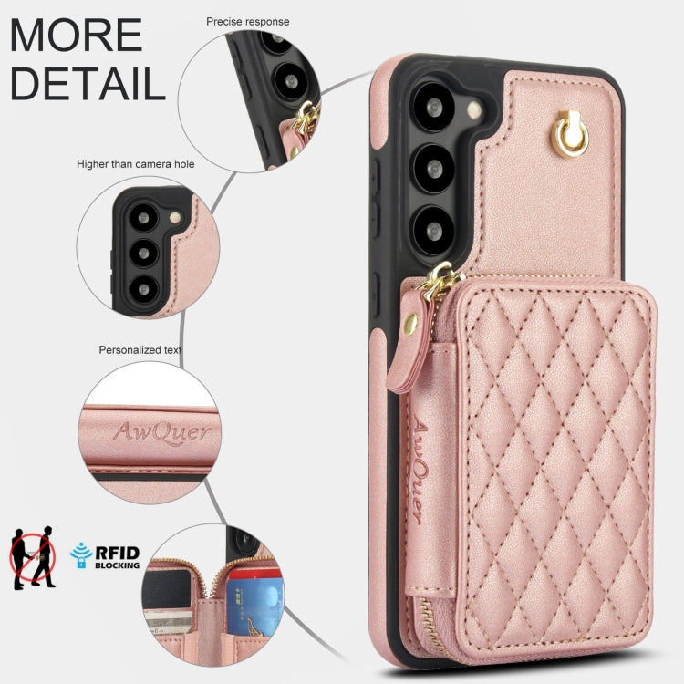 For Samsung Galaxy S23 5G AwQuer Crossbody Zipper Wallet Rhombic Leather Back Phone Case