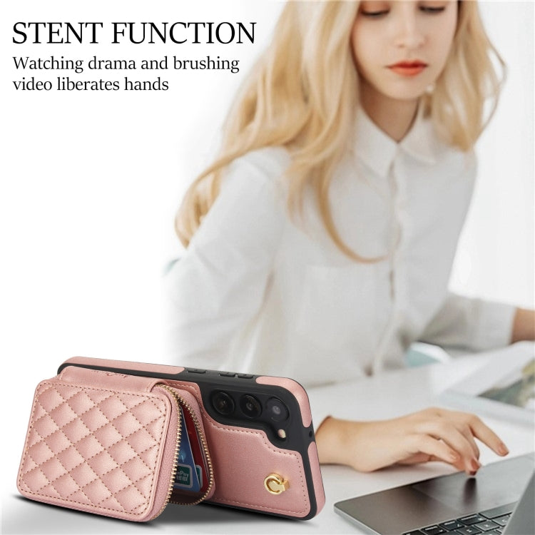 For Samsung Galaxy S23 5G AwQuer Crossbody Zipper Wallet Rhombic Leather Back Phone Case