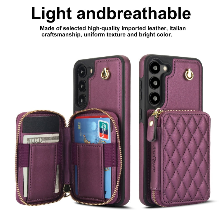 For Samsung Galaxy S23 5G AwQuer Crossbody Zipper Wallet Rhombic Leather Back Phone Case
