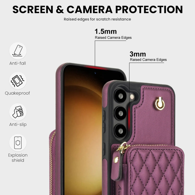 For Samsung Galaxy S23 5G AwQuer Crossbody Zipper Wallet Rhombic Leather Back Phone Case