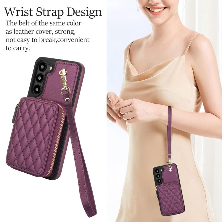 For Samsung Galaxy S23 5G AwQuer Crossbody Zipper Wallet Rhombic Leather Back Phone Case