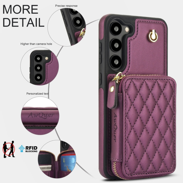For Samsung Galaxy S23 5G AwQuer Crossbody Zipper Wallet Rhombic Leather Back Phone Case