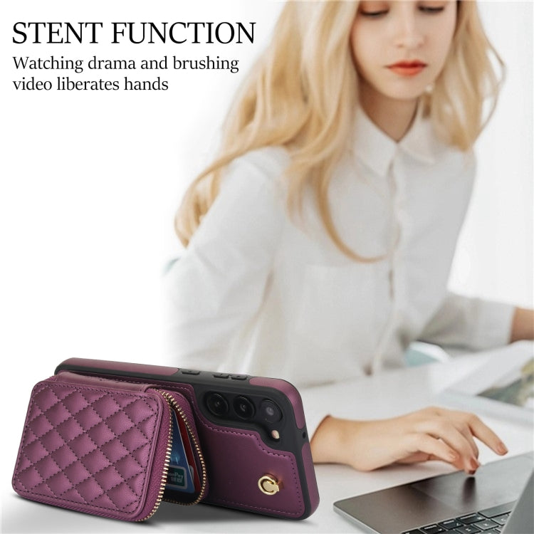 For Samsung Galaxy S23 5G AwQuer Crossbody Zipper Wallet Rhombic Leather Back Phone Case