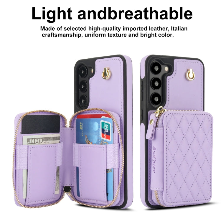 For Samsung Galaxy S23 5G AwQuer Crossbody Zipper Wallet Rhombic Leather Back Phone Case