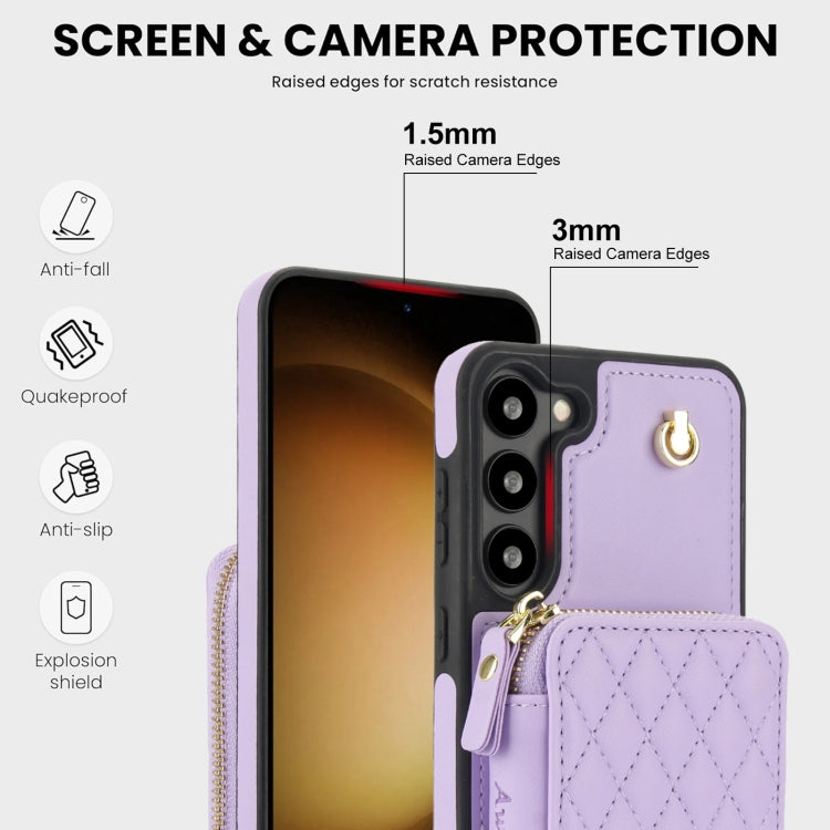For Samsung Galaxy S23 5G AwQuer Crossbody Zipper Wallet Rhombic Leather Back Phone Case