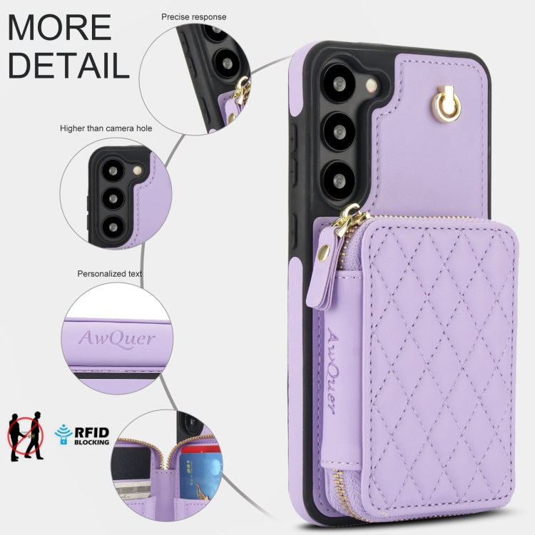 For Samsung Galaxy S23 5G AwQuer Crossbody Zipper Wallet Rhombic Leather Back Phone Case