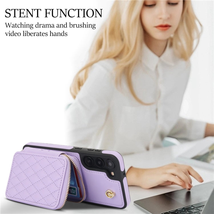 For Samsung Galaxy S23 5G AwQuer Crossbody Zipper Wallet Rhombic Leather Back Phone Case