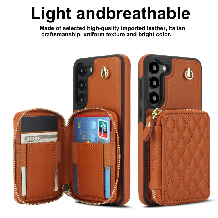 For Samsung Galaxy S23 5G AwQuer Crossbody Zipper Wallet Rhombic Leather Back Phone Case