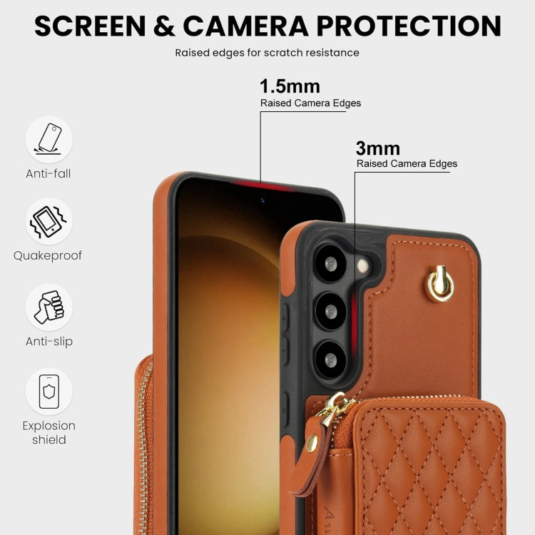 For Samsung Galaxy S23 5G AwQuer Crossbody Zipper Wallet Rhombic Leather Back Phone Case