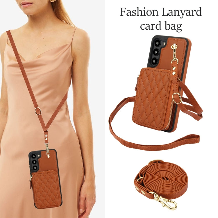 For Samsung Galaxy S23 5G AwQuer Crossbody Zipper Wallet Rhombic Leather Back Phone Case