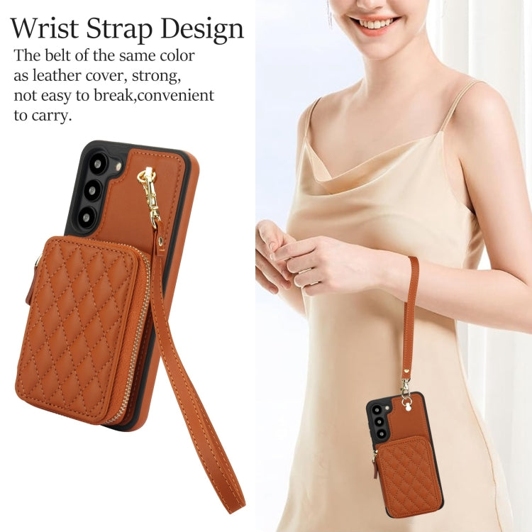 For Samsung Galaxy S23 5G AwQuer Crossbody Zipper Wallet Rhombic Leather Back Phone Case