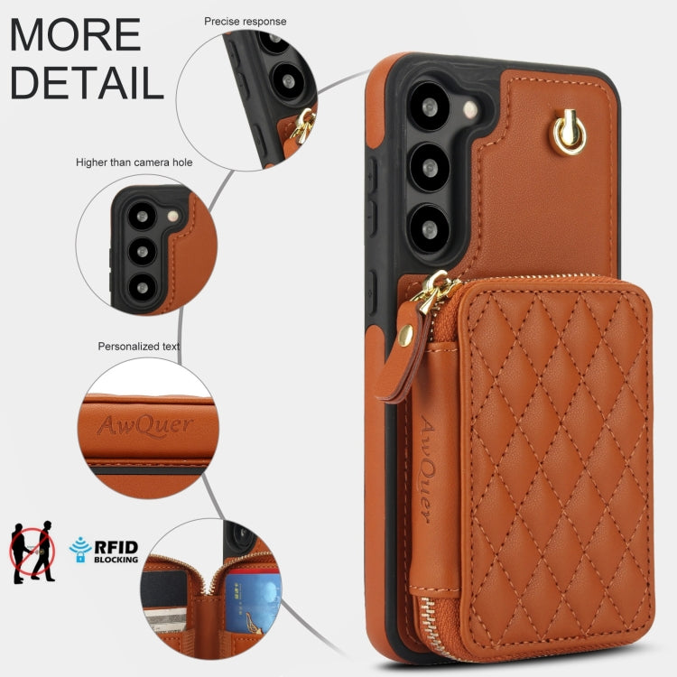 For Samsung Galaxy S23 5G AwQuer Crossbody Zipper Wallet Rhombic Leather Back Phone Case