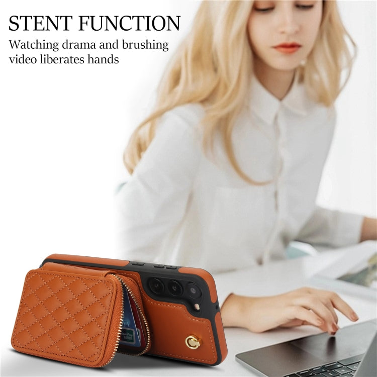 For Samsung Galaxy S23 5G AwQuer Crossbody Zipper Wallet Rhombic Leather Back Phone Case