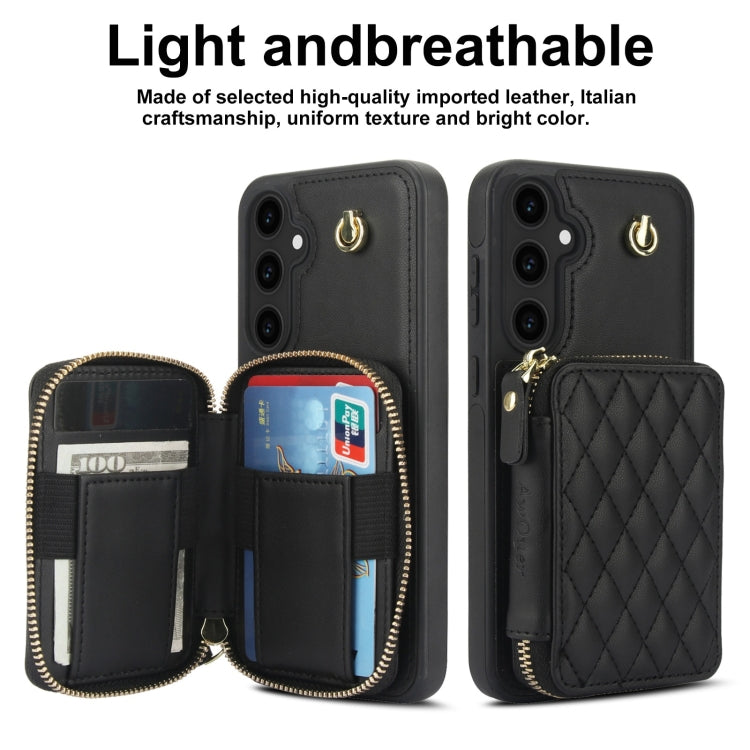For Samsung Galaxy S23 FE 5G AwQuer Crossbody Zipper Wallet Rhombic Leather Back Phone Case
