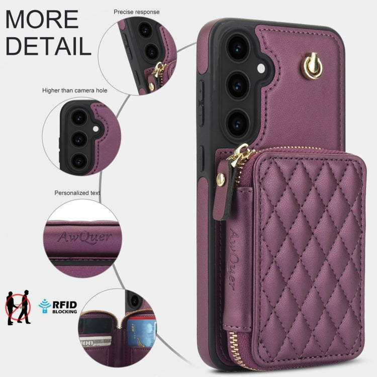 For Samsung Galaxy S23 FE 5G AwQuer Crossbody Zipper Wallet Rhombic Leather Back Phone Case