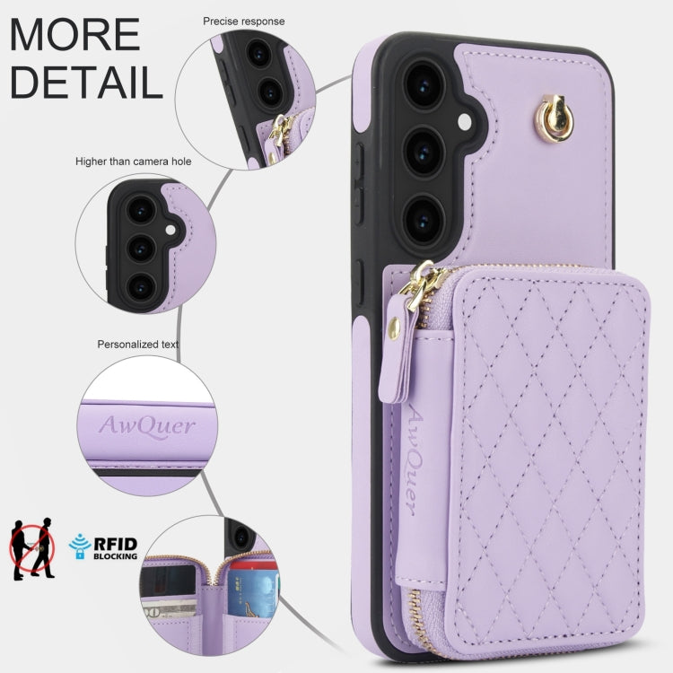 For Samsung Galaxy S23 FE 5G AwQuer Crossbody Zipper Wallet Rhombic Leather Back Phone Case