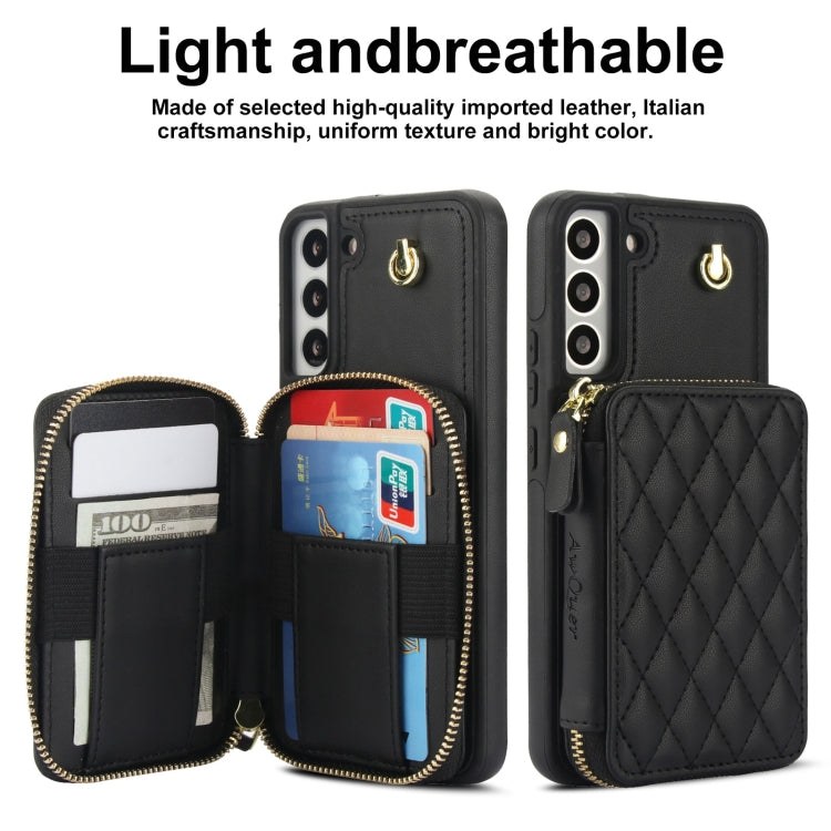 For Samsung Galaxy S22+ 5G AwQuer Crossbody Zipper Wallet Rhombic Leather Back Phone Case