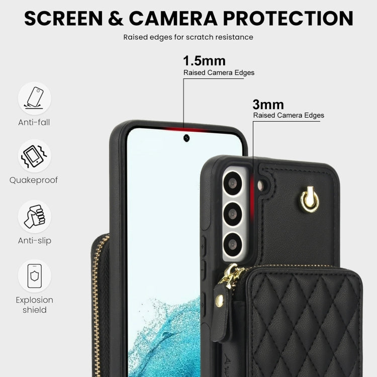 For Samsung Galaxy S22+ 5G AwQuer Crossbody Zipper Wallet Rhombic Leather Back Phone Case