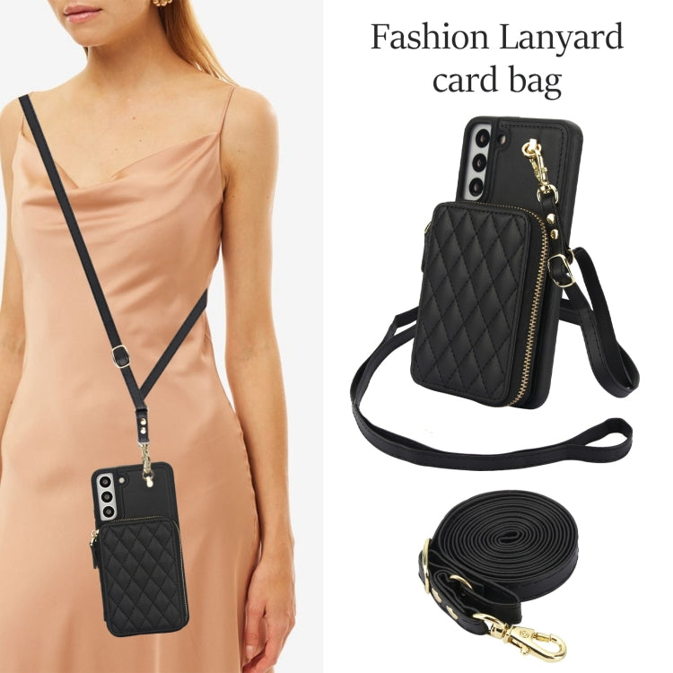 For Samsung Galaxy S22+ 5G AwQuer Crossbody Zipper Wallet Rhombic Leather Back Phone Case