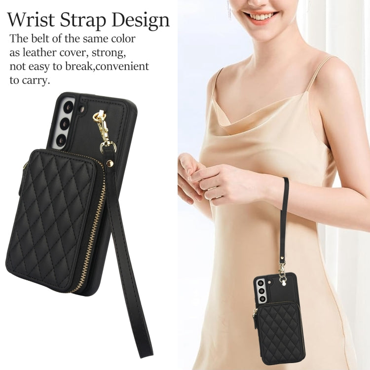 For Samsung Galaxy S22+ 5G AwQuer Crossbody Zipper Wallet Rhombic Leather Back Phone Case