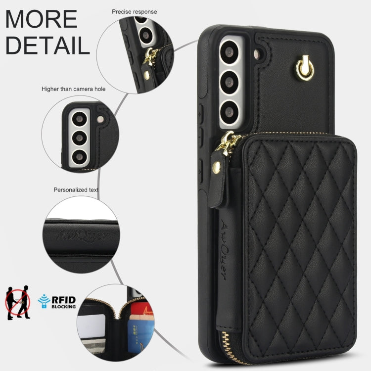 For Samsung Galaxy S22+ 5G AwQuer Crossbody Zipper Wallet Rhombic Leather Back Phone Case