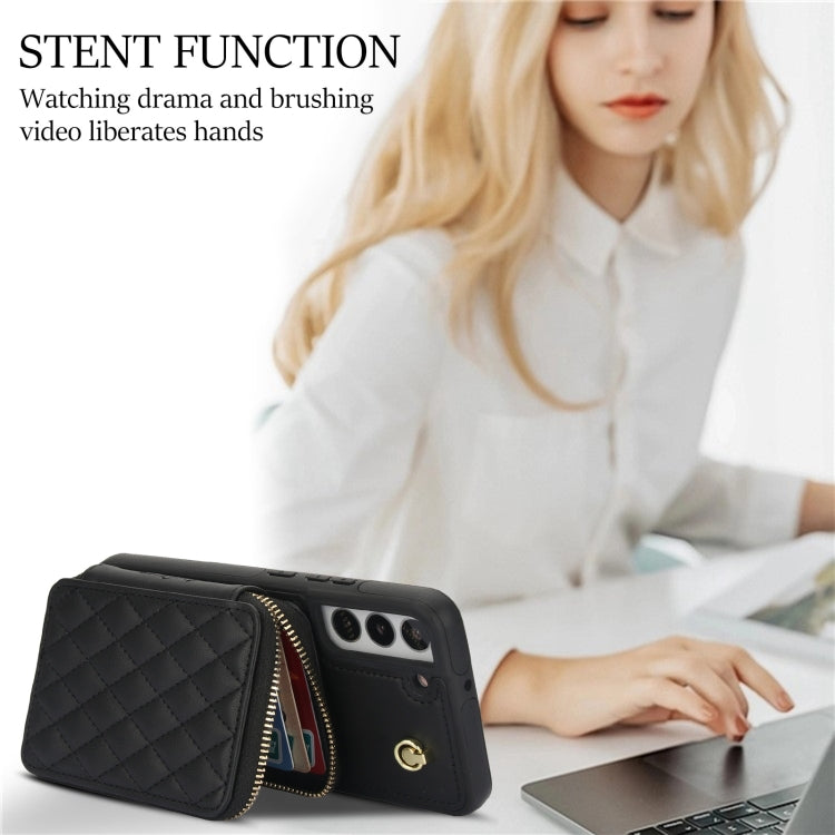 For Samsung Galaxy S22+ 5G AwQuer Crossbody Zipper Wallet Rhombic Leather Back Phone Case