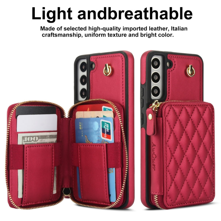 For Samsung Galaxy S22+ 5G AwQuer Crossbody Zipper Wallet Rhombic Leather Back Phone Case