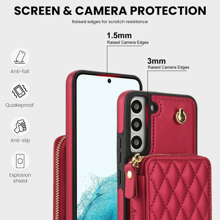 For Samsung Galaxy S22+ 5G AwQuer Crossbody Zipper Wallet Rhombic Leather Back Phone Case